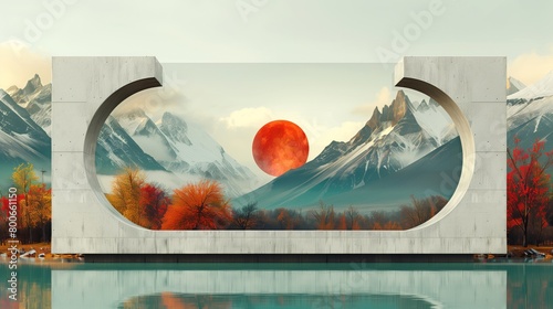 Breathtaking surreal landscape featuring snow-capped mountains, a vibrant autumn forest, and a giant red moon framed by a monumental concrete structure over a tranquil reflecting pool