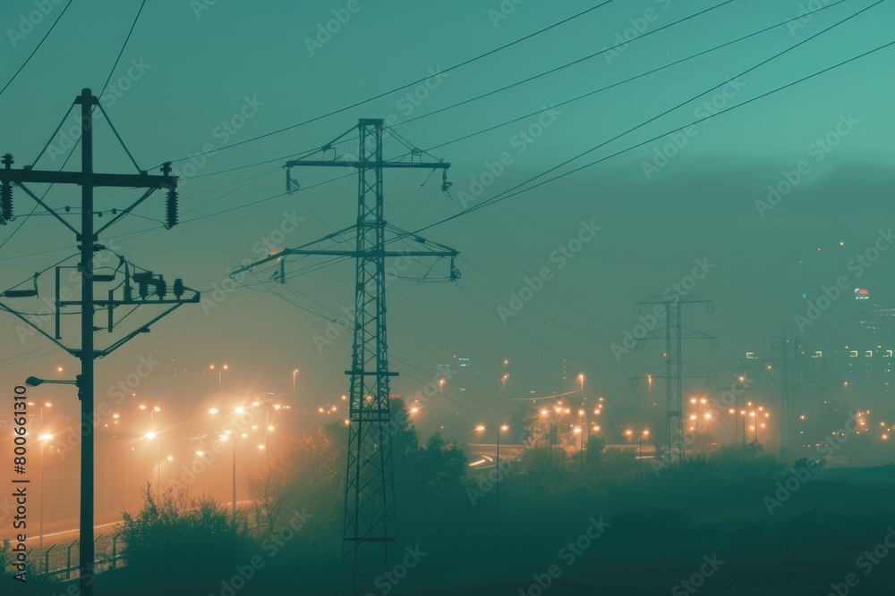 A cityscape covered in fog at night with power lines in the foreground. Suitable for urban and industrial themes