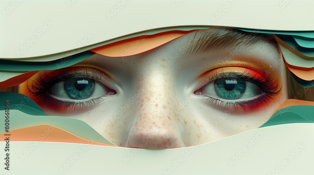 Surreal image featuring a close-up of a person's eyes with multi-layered colorful waves representing creativity, makeup artistry, and digital manipulation in an abstract art portrait format
