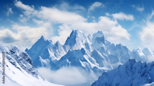 Panoramic view of snow-capped mountains in the clouds