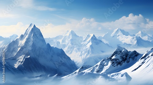 Panoramic view of snow-capped mountains. Winter landscape.