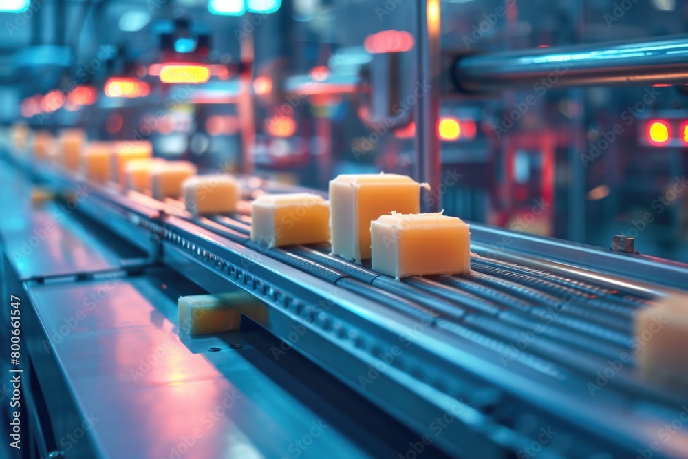 Cubes of cheese moving on a conveyor belt, suitable for food production concepts Cubes of cheese moving on a conveyor belt, suitable for food production concepts
