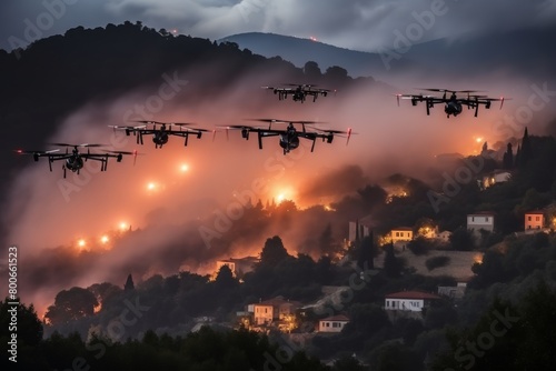 Enchanting Night Scene Autonomous Drone Swarm with Glowing Red Flares Lighting Up Hillside Town under Majestic Starry Sky, Creating Surreal and Magical Atmosphere that Inspires Wonder and Imagination