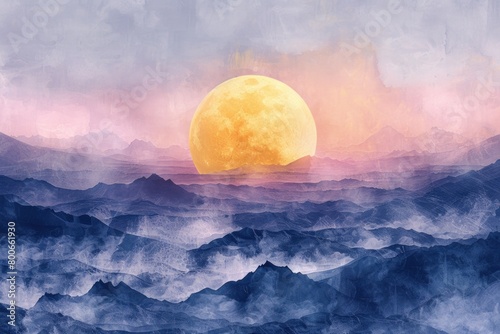 Scenic view of a full moon rising over a majestic mountain range. Perfect for nature and landscape concepts