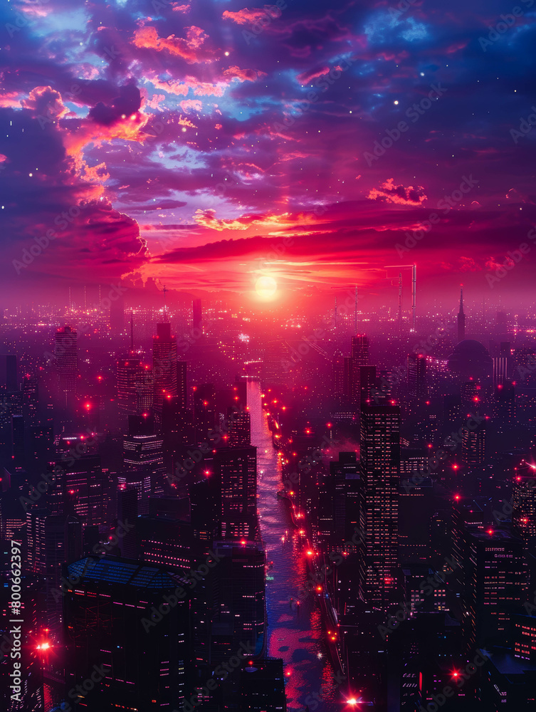A beautiful sunset over a city. The sky is a gradient of pink, orange, and yellow, and the city is full of lights. A beautiful sunset over a city. The sky is a gradient of pink, orange, and yellow, and the city is full of lights.