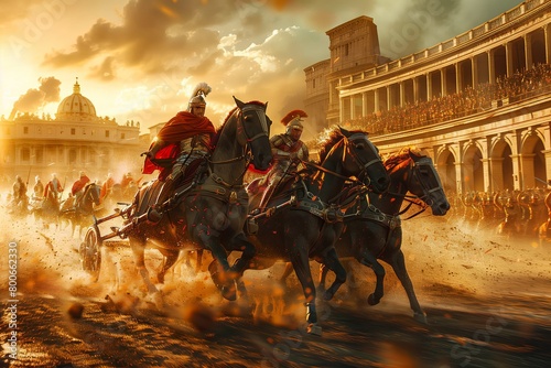 Historical Event Recreation and Epic Cinematic Scenes for Film and Media Projects. Dramatic Chariot Race Scene with Roman Soldiers in an Ancient Arena at Sunset.
