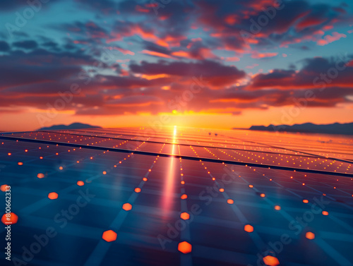 A serene sunset casting golden hues over an expansive array of solar panels, highlighting sustainable energy solutions.