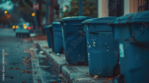 Row of trash cans on the side of a street, suitable for urban and environmental themes