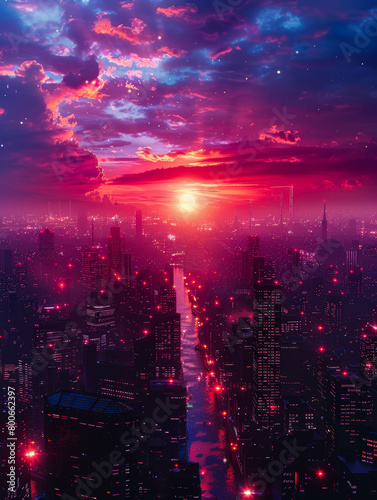 A beautiful sunset over a city. The sky is a gradient of pink, orange, and yellow, and the city is full of lights.