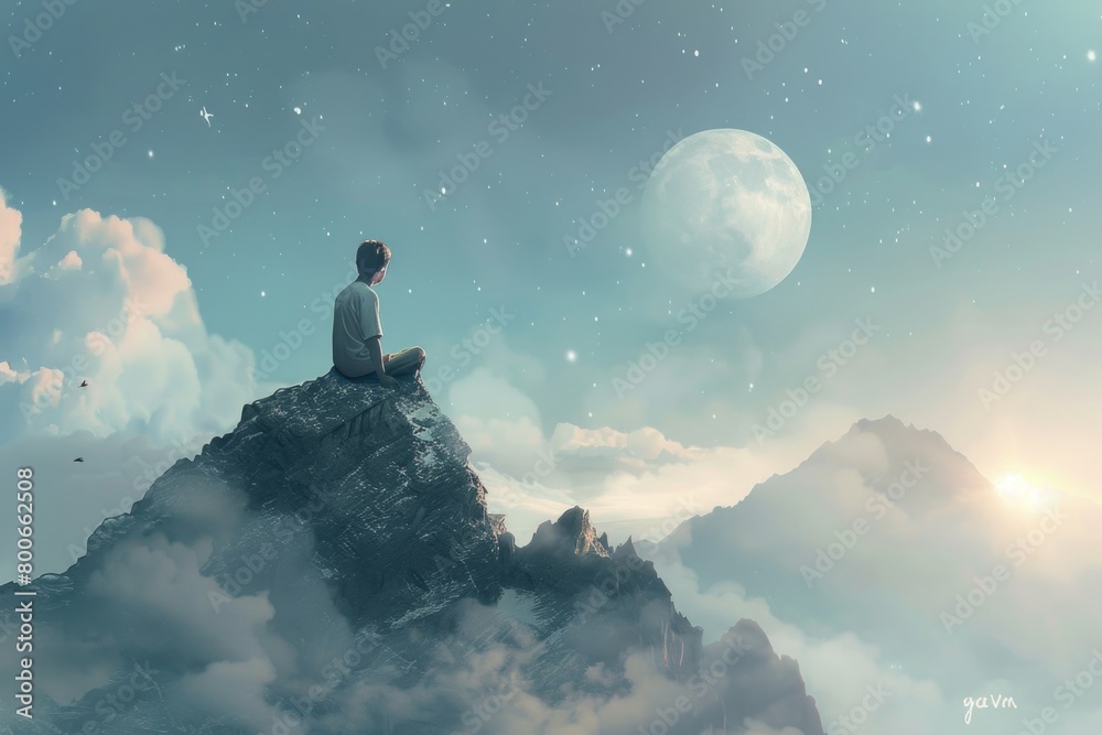 A man sitting on top of a mountain, gazing at the moon. Perfect for inspirational or nature-themed projects A man sitting on top of a mountain, gazing at the moon. Perfect for inspirational or nature-themed projects