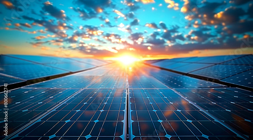 A field of solar panels under a setting sun.