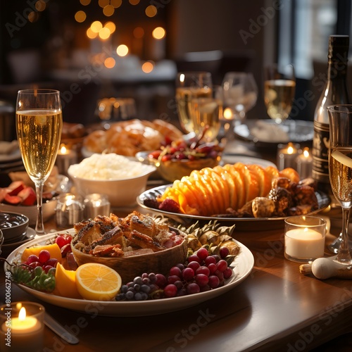 Traditional Christmas table setting with turkey, fruit and vegetables, served with wine.