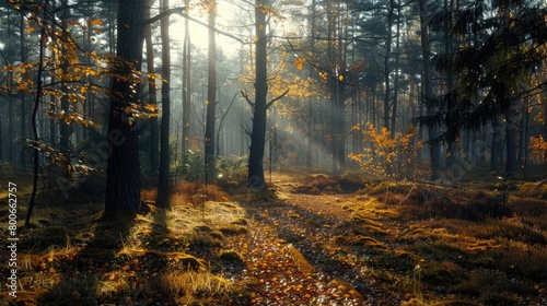 Sunlight filtering through trees in the woods, ideal for nature backgrounds #800662757