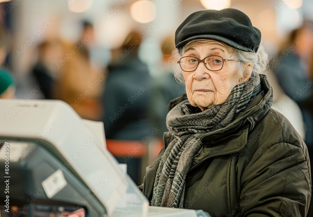 A of an elderly woman casting her ballot at a printing station in front of a long line A of an elderly woman casting her ballot at a printing station in front of a long line