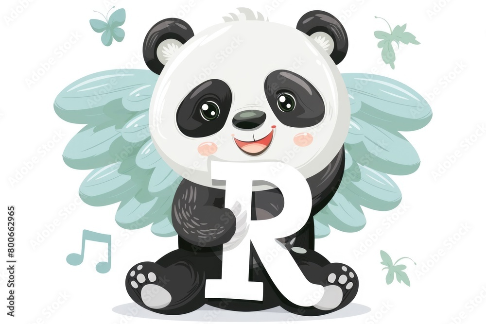 Fototapeta premium Cute panda bear with wings holding a letter R, perfect for children's educational materials