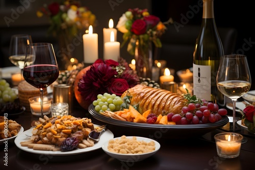 Festive table setting with wine and snacks  close-up.