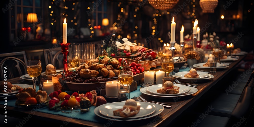 Christmas table with food and candles. Panoramic photo. Selective focus.