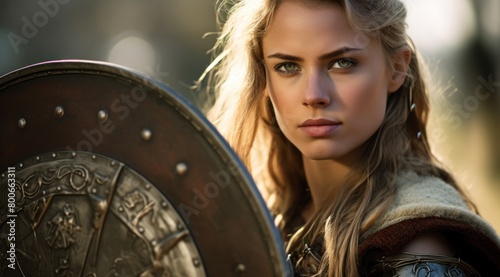 Fierce female warrior with shield