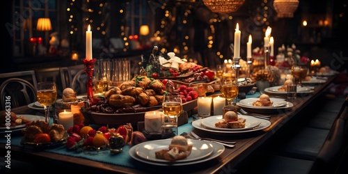 Christmas table with food and candles. Panoramic photo. Selective focus.