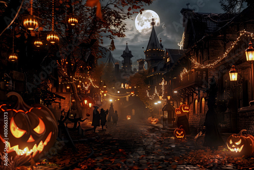  A magical Halloween night unfolds in a cozy, eerie village. The scene is illuminated by the warm glow of jack-o'-lanterns lining the cobblestone path.