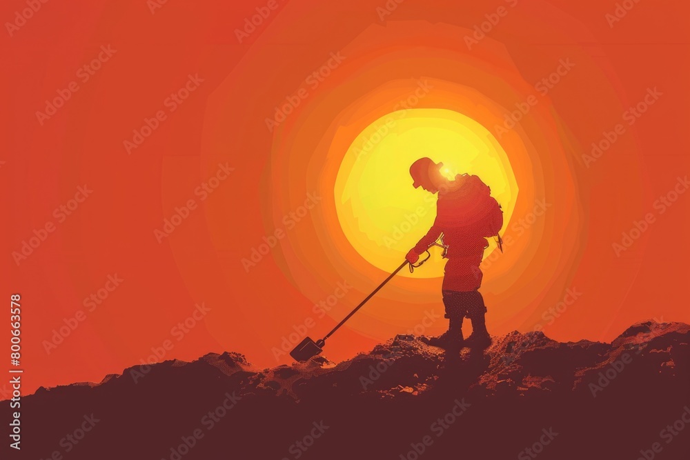 A man standing with a shovel on top of a hill. Suitable for outdoor and adventure themes