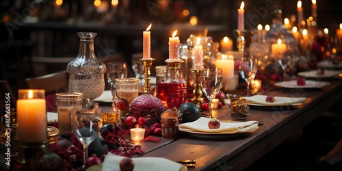 Christmas table with candles and christmas ornaments  panoramic banner