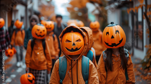 A captivating scene of people dressed in orange jackets, their heads replaced by grinning jack-o'-lanterns, marching down a street lined with autumn foliage.