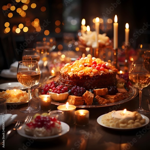 Festive table setting with various food and drinks. Celebration concept.