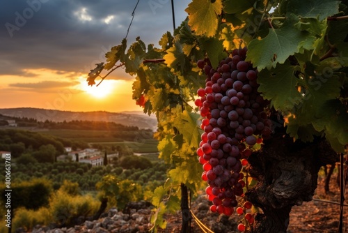 Sunset over a vineyard with ripe grapes