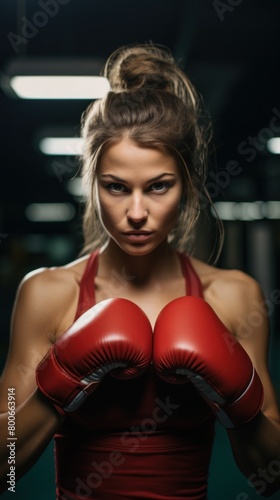 Determined female boxer in red gloves