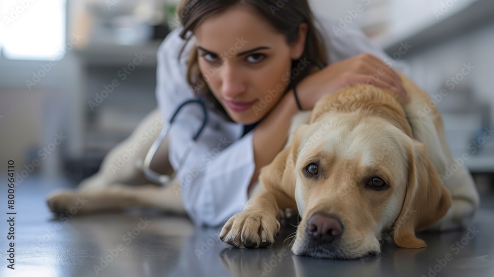 Veterinarian examining a dog in a veterinary clinic. Veterinarian with a dog.