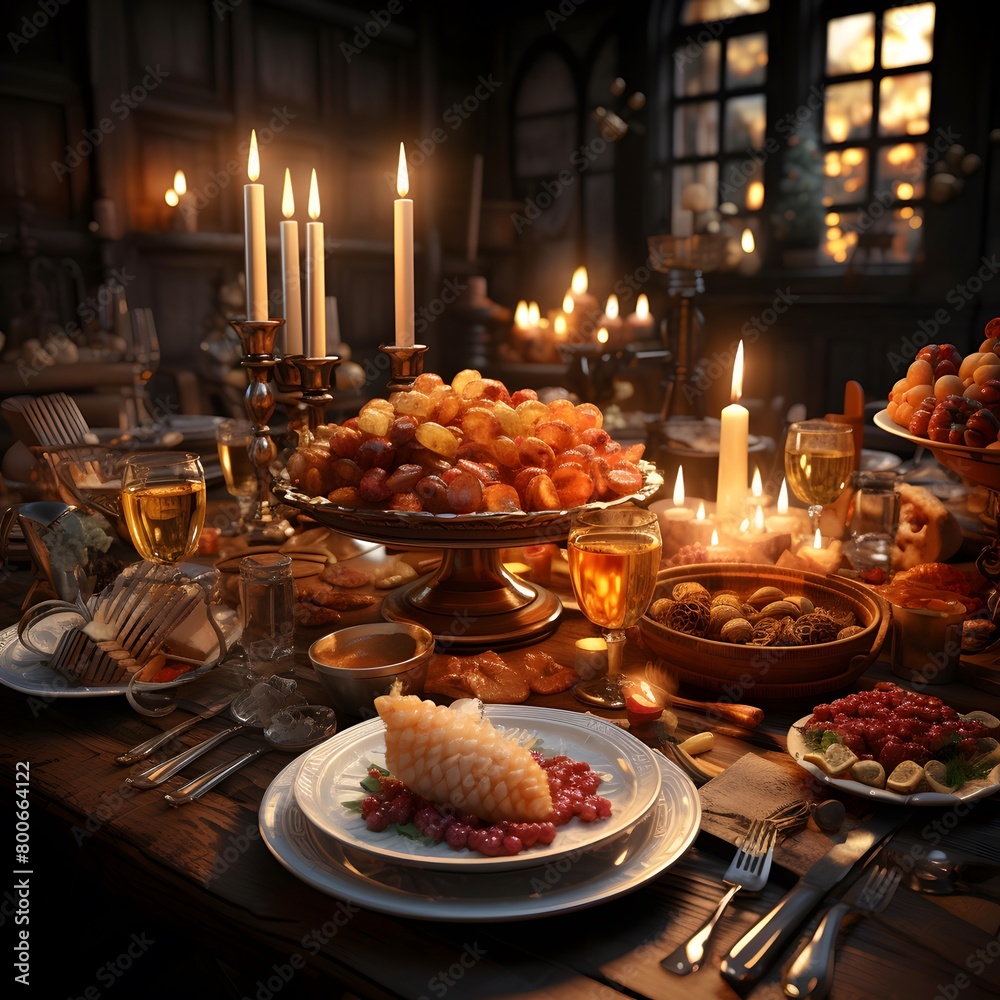 dried fruits on the table with candles in the background. High quality photo