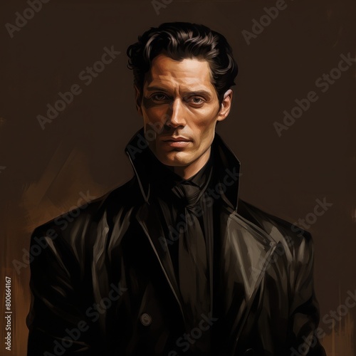 Dramatic portrait of a serious-looking man in a dark coat