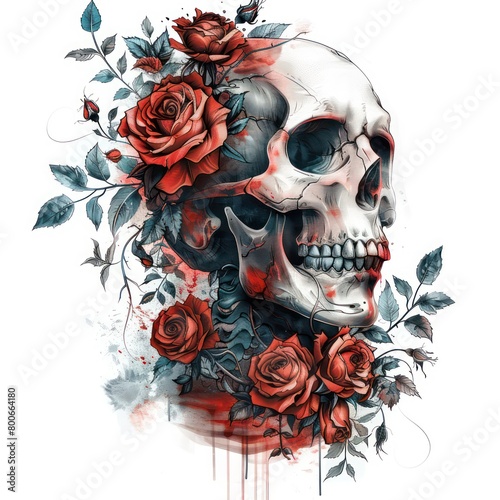 expressive illustration of a skull with red roses on a white background