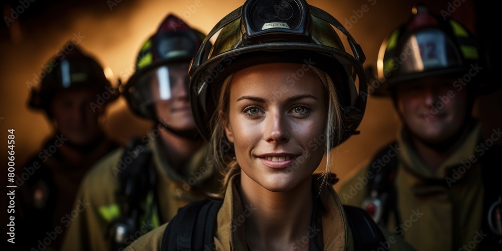 Confident female firefighter in protective gear Confident female firefighter in protective gear