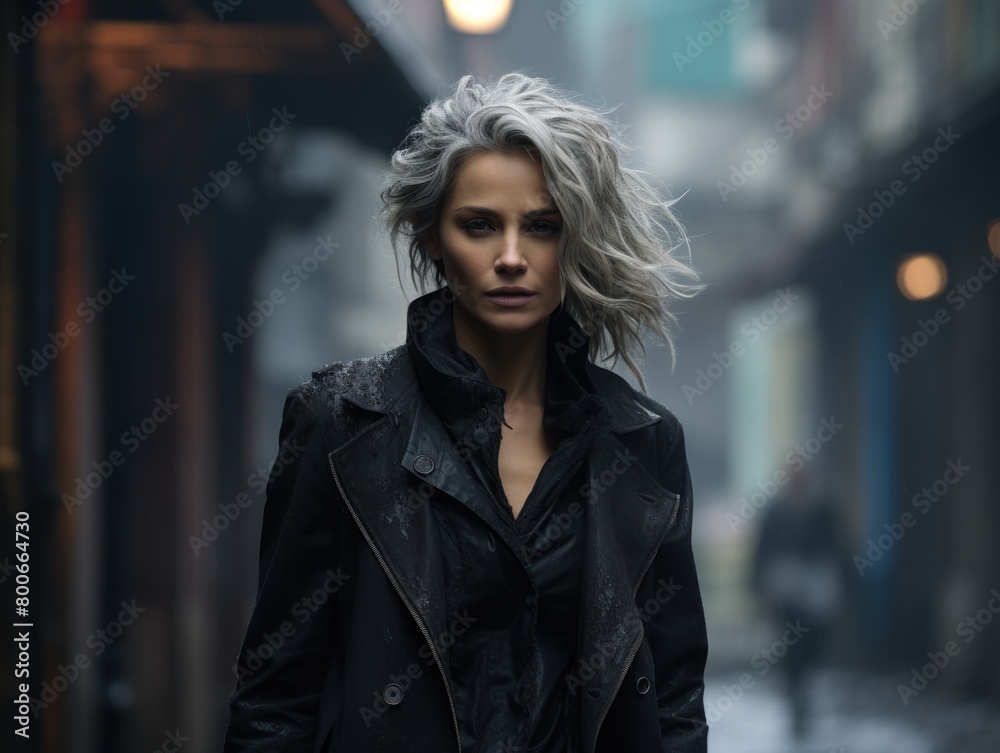 Mysterious woman in dark coat on city street