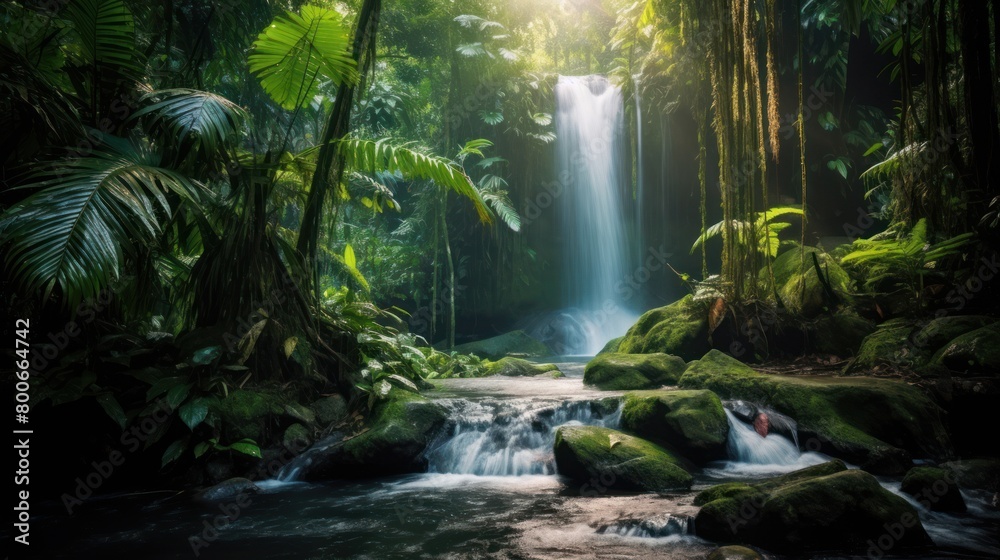 Lush Tropical Waterfall in Jungle Landscape