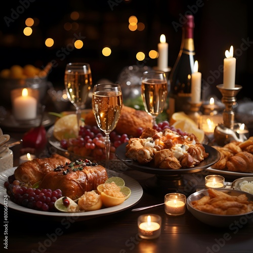 Table with croissants, fruits, wine and candles in dark room
