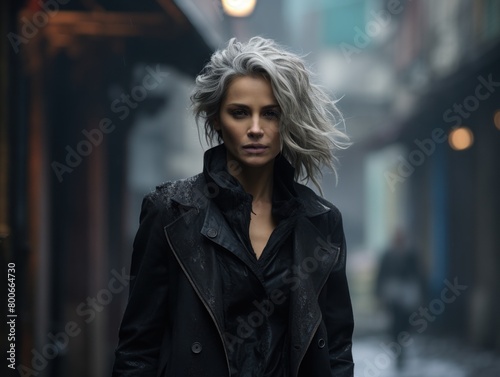 Mysterious woman in dark coat on city street © Balaraw