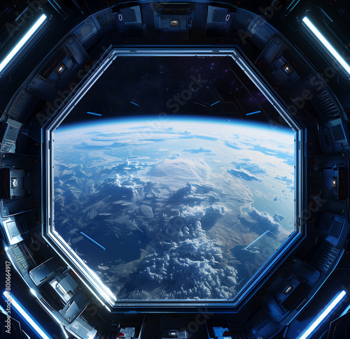 view from the window of an advanced spaceship, looking down on earth in space