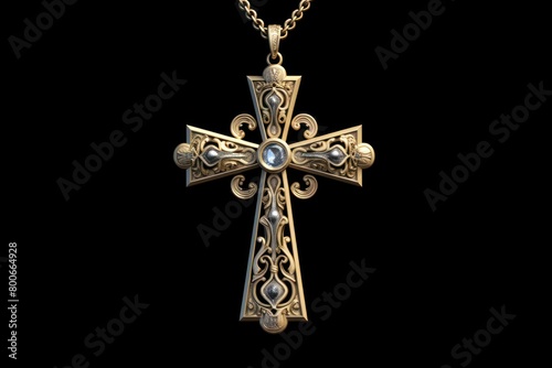 Ornate golden cross pendant on black background