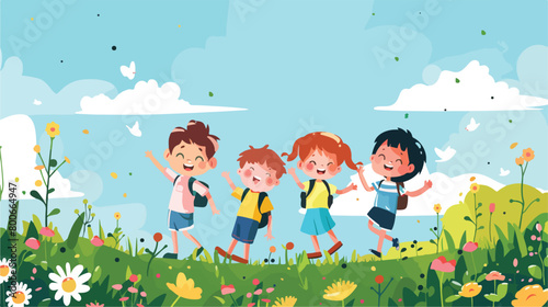 Portrait of cute happy pupils outdoors Vector illustration