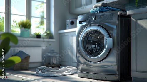 A washing machine in a kitchen setting. Ideal for home appliance concepts