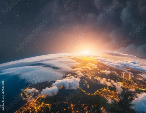 Panoramic view on planet Earth globe from space with rising sun. Glowing city lights, light clouds.