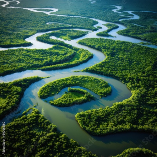 Aerial view of lush green river delta