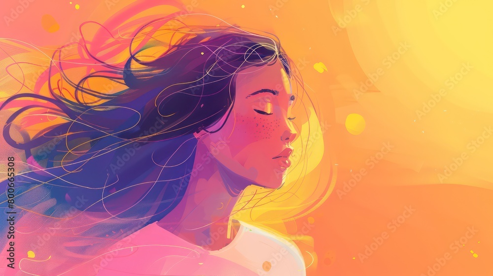 illustration of young girl with her hair in the wind with a yellow background 