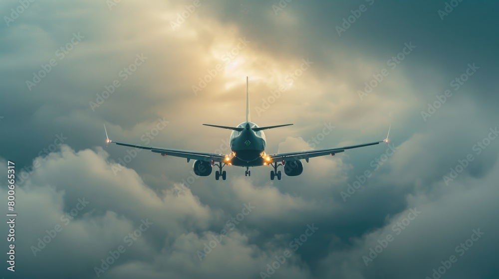 Fototapeta premium A large jetliner soaring through the clouds. Ideal for travel and transportation concepts