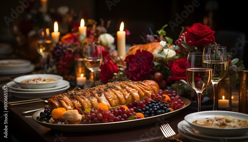 Panoramic view of festive table setting for Thanksgiving dinner with turkey and red roses.