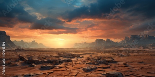 Dramatic desert landscape at sunset