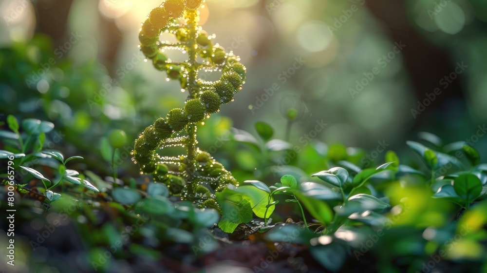 green biotechnology or synthetic biology concept, plant graphic with DNA shape green biotechnology or synthetic biology concept, plant graphic with DNA shape